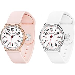 2 Pack Nurse Watch for Nurse Medical Professionals Students Women Men, 50M Waterproof 12/24 Hour Military Time Luminouse Easy Read Dial, Second Hand Watch for Nursing （White and Pink）