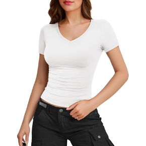 YOGINGO Womens Basic Short Sleeve Crew Neck T Shirt Slim Fit Tees 2024 Fall Y2k Going Out Crop Tops Fittd Tight Shirts