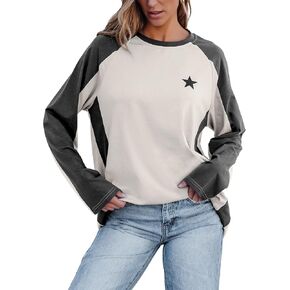 Avanova Women Star Graphic Raglan Long Sleeve Tee Shirt Color Block Loose Top