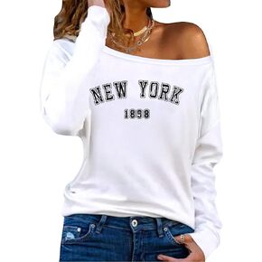 Hilinker Women's Off Shoulder Tops Long Sleeve Graphic Tees Casual Loose Boat Neck T Shirts