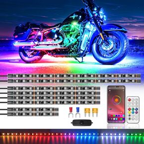 8PCS Chasing Dreamcolor Motorcycle LED Lights Kit with/APP/RF Remote Brake Turn Signal,RGB+IC Motorcycle underglow LED Strip Lights 12v Exterior Waterproof Multicolor for Harley Honda Yamaha