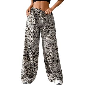 OYOANGLE Women's All Over Print Drawstring Waisted Wide Leg Long Pants Loose Fit Streetwear Casual Pants
