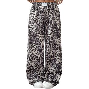 MakeMeChic Women's Leopard Print Letter Patched Elastic Waist Straight Leg Pants Trousers