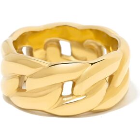 Gold Chunky Statement Rings for Women, Link Chain Tarnish-Resistant 18k Gold Plated Stainless Steel Size 5 6 7 8 9 10 11