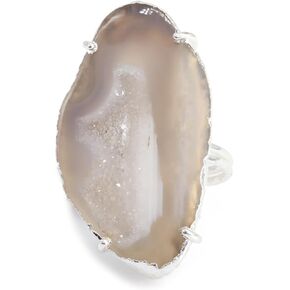 Geode Quartz Slice Druzy Crystal Quartz Gemstone Prong Setting Silver Rings for Women Sonr Size 30-40mm Approximately