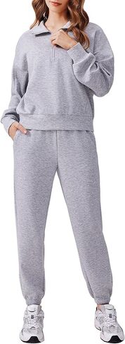 طقم مكون من قطعتين للنساء من PINSPARK ملابس خريف 2024 بدلة رياضية بأكمام طويلة نصف سحاب سويت شيرت ركض رياضي طقم متناسق in Kuwait