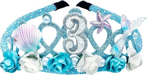 3rd Birthday Tiara for Girls Mermaid Dazzling Pearls Headband for Little Girls Blue Mermaid Princess Tiara Seashell Supplies for Birthday Party Decorations in Saudi Arabia