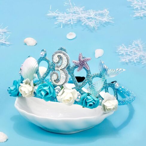 3rd Birthday Tiara for Girls Mermaid Dazzling Pearls Headband for Little Girls Blue Mermaid Princess Tiara Seashell Supplies for Birthday Party Decorations in Saudi Arabia