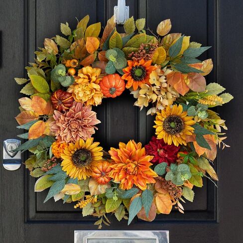 Fall Wreaths for Front Door, Sunflower Wreath with Pumpkins and Burlap Bows, Autumn Door Decor for Halloween Thanksgiving Farmhouse Holiday Indoor Outdoor Outside in Saudi Arabia