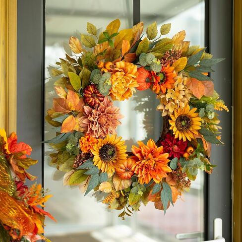Fall Wreaths for Front Door, Sunflower Wreath with Pumpkins and Burlap Bows, Autumn Door Decor for Halloween Thanksgiving Farmhouse Holiday Indoor Outdoor Outside in Saudi Arabia