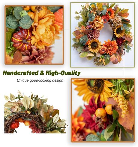 Fall Wreaths for Front Door, Sunflower Wreath with Pumpkins and Burlap Bows, Autumn Door Decor for Halloween Thanksgiving Farmhouse Holiday Indoor Outdoor Outside in Saudi Arabia
