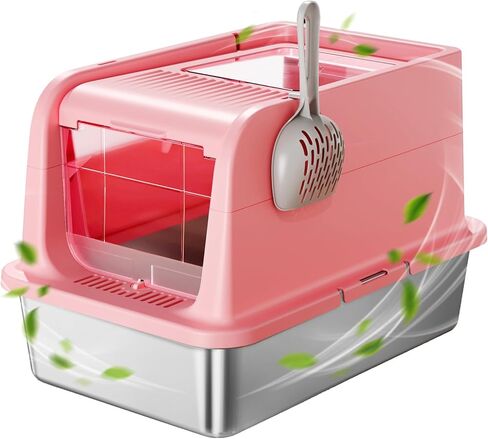COURPAL® Stainless Steel Cat Litter Box with Lid: Enclosed Open Adjustable Covered Litter Box - Top Front 2-Door Hooded Litter Box with High Enclosure: Easy Clean | Non-Stick | Mess Proof (Pink) in Saudi Arabia