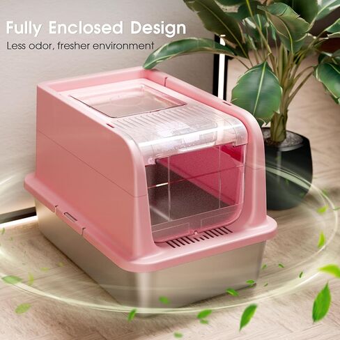 COURPAL® Stainless Steel Cat Litter Box with Lid: Enclosed Open Adjustable Covered Litter Box - Top Front 2-Door Hooded Litter Box with High Enclosure: Easy Clean | Non-Stick | Mess Proof (Pink) in Saudi Arabia