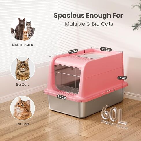 COURPAL® Stainless Steel Cat Litter Box with Lid: Enclosed Open Adjustable Covered Litter Box - Top Front 2-Door Hooded Litter Box with High Enclosure: Easy Clean | Non-Stick | Mess Proof (Pink) in Saudi Arabia