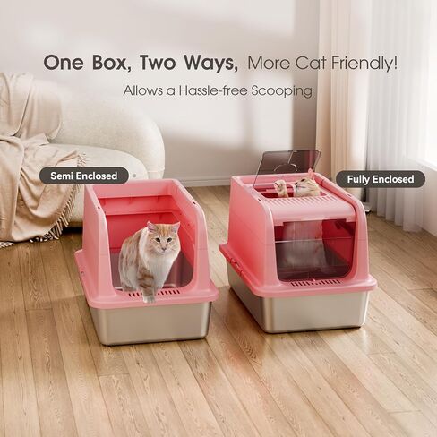 COURPAL® Stainless Steel Cat Litter Box with Lid: Enclosed Open Adjustable Covered Litter Box - Top Front 2-Door Hooded Litter Box with High Enclosure: Easy Clean | Non-Stick | Mess Proof (Pink) in Saudi Arabia