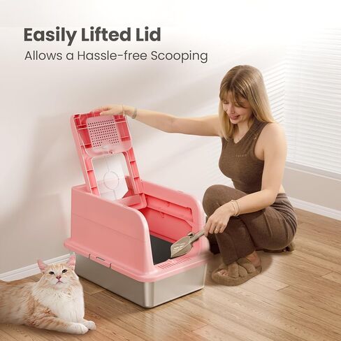 COURPAL® Stainless Steel Cat Litter Box with Lid: Enclosed Open Adjustable Covered Litter Box - Top Front 2-Door Hooded Litter Box with High Enclosure: Easy Clean | Non-Stick | Mess Proof (Pink) in Saudi Arabia