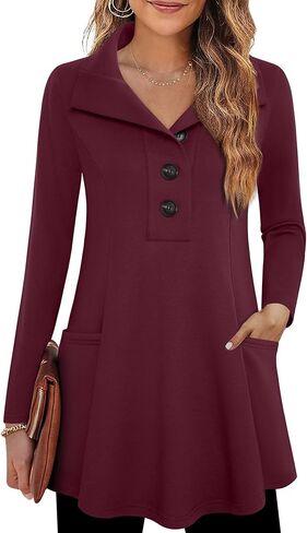 سترات نسائية طويلة من Timeson للسراويل الضيقة، سترات نسائية فضفاضة تناسب الخريف والشتاء، قمم عيد الميلاد الأنيقة ورقبة البقر، بلوزات متأرجحة قطنية مع جيوب، ملابس عمل كاجوال للعمل للمكتب باللون الأحمر in Kuwait