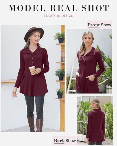 سترات نسائية طويلة من Timeson للسراويل الضيقة، سترات نسائية فضفاضة تناسب الخريف والشتاء، قمم عيد الميلاد الأنيقة ورقبة البقر، بلوزات متأرجحة قطنية مع جيوب، ملابس عمل كاجوال للعمل للمكتب باللون الأحمر in Kuwait