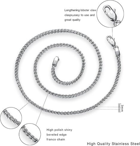 REVEMCN Reve Jewelry 3mm Stainless Steel Franco Chain Necklace for Men and Women, 20-30 Inches in Kuwait