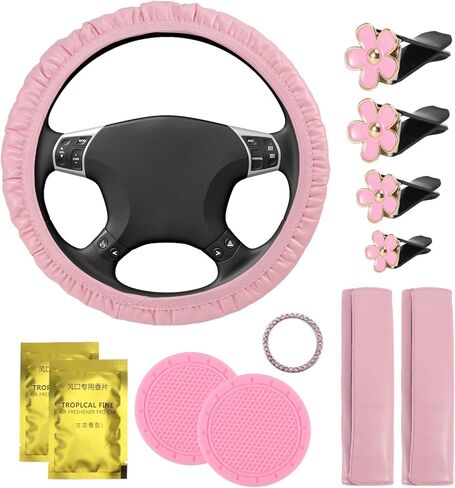 مجموعة إكسسوارات السيارة 10 قطع، غطاء عجلة القيادة من جلد البولي يوريثان، مشبك فتحة تهوية السيارة، مع غطاء حزام الأمان، ملصق حلقة زر البداية اللامعة لتزيين الجزء الداخلي لسيارتك (وردي) in Kuwait
