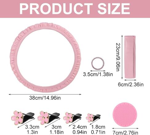 مجموعة إكسسوارات السيارة 10 قطع، غطاء عجلة القيادة من جلد البولي يوريثان، مشبك فتحة تهوية السيارة، مع غطاء حزام الأمان، ملصق حلقة زر البداية اللامعة لتزيين الجزء الداخلي لسيارتك (وردي) in Kuwait