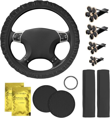 10Pcs Car Accessories Set,PU Leather Steering Wheel Cover Air Vent Clip Car Accessories,with Seat Belt Cover Coaster Shiny Start Button Ring Sticker for Decorating Your Car Interior(Pink) in Saudi Arabia