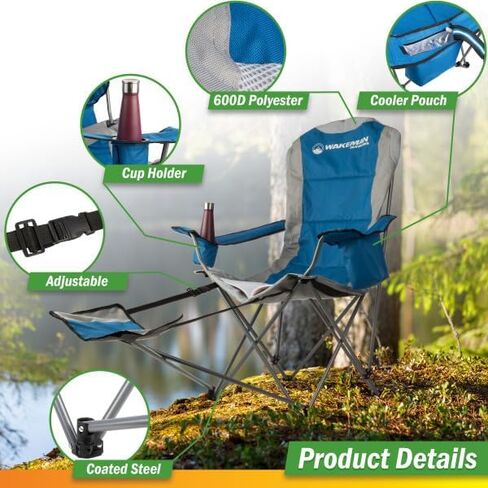 Wakeman Camping Chair with Foot Rest - 300lb Capacity Beach Chair with Footrest, Cupholder, and Cooler Pouch - Portable Chair Outdoors (Green) in Saudi Arabia