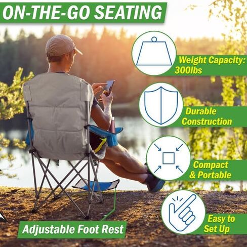 Wakeman Camping Chair with Foot Rest - 300lb Capacity Beach Chair with Footrest, Cupholder, and Cooler Pouch - Portable Chair Outdoors (Green) in Saudi Arabia