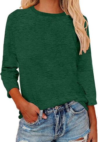 Womens 3/4 Sleeve Shirts Patchwork Blouse Fashion Crewneck Tops Solid Tee Casual Comfy T-Shirt in Kuwait