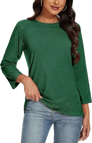 Womens 3/4 Sleeve Shirts Patchwork Blouse Fashion Crewneck Tops Solid Tee Casual Comfy T-Shirt in Kuwait