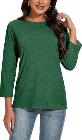 Womens 3/4 Sleeve Shirts Patchwork Blouse Fashion Crewneck Tops Solid Tee Casual Comfy T-Shirt in Kuwait