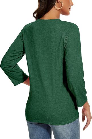 Womens 3/4 Sleeve Shirts Patchwork Blouse Fashion Crewneck Tops Solid Tee Casual Comfy T-Shirt in Kuwait