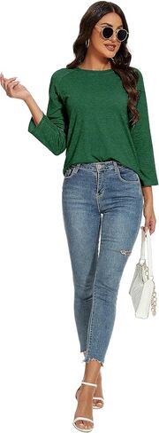 Womens 3/4 Sleeve Shirts Patchwork Blouse Fashion Crewneck Tops Solid Tee Casual Comfy T-Shirt in Kuwait