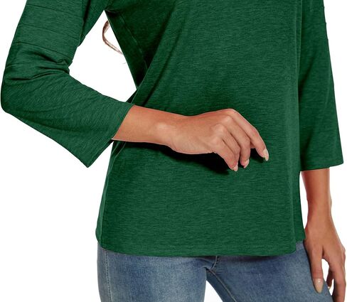 Womens 3/4 Sleeve Shirts Patchwork Blouse Fashion Crewneck Tops Solid Tee Casual Comfy T-Shirt in Kuwait