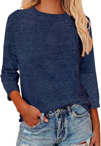 Womens 3/4 Sleeve Shirts Patchwork Blouse Fashion Crewneck Tops Solid Tee Casual Comfy T-Shirt in Kuwait