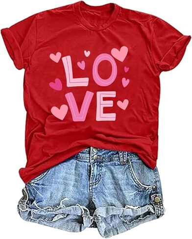 قمصان عيد الحب للنساء، تي شيرت لطيف برسومات قلب الحب، بلوزة كاجوال بأكمام قصيرة، هدية للحبيب in Kuwait