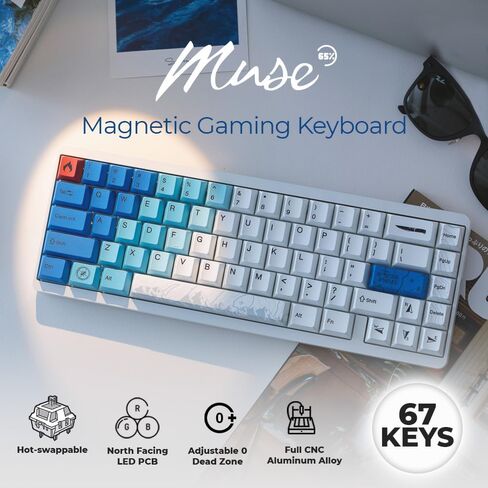 VARMILO Muse65 مفاتيح مغناطيسية سلكية للوحة المفاتيح، لوحة مفاتيح للألعاب، حافظة معدنية كاملة CNC وظهر زجاجي مرآة للأشعة فوق البنفسجية لمشغل FPS (Ar Iel، تخطيط ANSI مع مفتاح اليشم المغناطيسي) in Kuwait