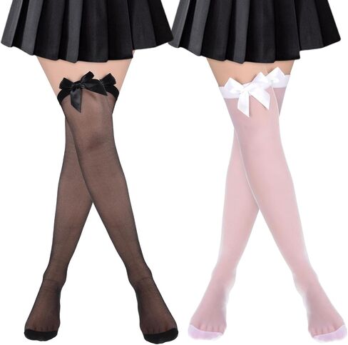 Lusofie 2 pairs Black Lace Satin Bow Thigh High Stockings White Thigh High Socks with Bow for Women 55cm White Cute Sexy Extra Long Thigh High Stockings Black Over the Knee Stocks (Black and White) in Saudi Arabia