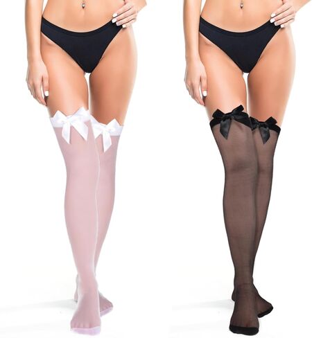 Lusofie 2 pairs Black Lace Satin Bow Thigh High Stockings White Thigh High Socks with Bow for Women 55cm White Cute Sexy Extra Long Thigh High Stockings Black Over the Knee Stocks (Black and White) in Saudi Arabia