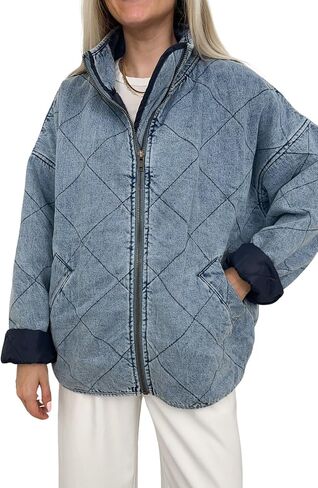 utcoco Women's Oversized Long Sleeve Denim Jacket Casual Loose Fit Zip Up Jean Quilted Jackets Coat with Pockets in Saudi Arabia
