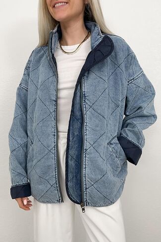 utcoco Women's Oversized Long Sleeve Denim Jacket Casual Loose Fit Zip Up Jean Quilted Jackets Coat with Pockets in Saudi Arabia