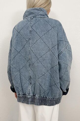 utcoco Women's Oversized Long Sleeve Denim Jacket Casual Loose Fit Zip Up Jean Quilted Jackets Coat with Pockets in Saudi Arabia