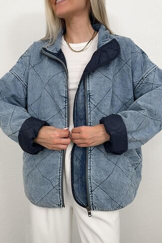utcoco Women's Oversized Long Sleeve Denim Jacket Casual Loose Fit Zip Up Jean Quilted Jackets Coat with Pockets in Saudi Arabia