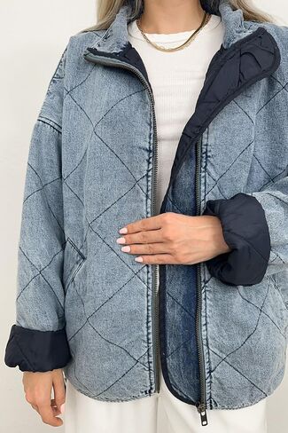 utcoco Women's Oversized Long Sleeve Denim Jacket Casual Loose Fit Zip Up Jean Quilted Jackets Coat with Pockets in Saudi Arabia