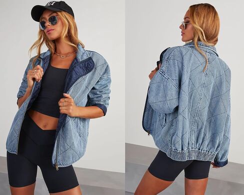 utcoco Women's Oversized Long Sleeve Denim Jacket Casual Loose Fit Zip Up Jean Quilted Jackets Coat with Pockets in Saudi Arabia