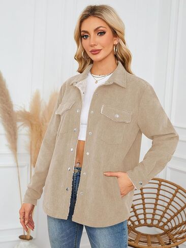 ZAFUL Womens Corduroy Sherpa Jackets Button Down Long Sleeve Fleece Outwear Coat with Pockets in Saudi Arabia