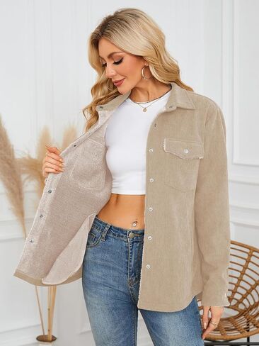 ZAFUL Womens Corduroy Sherpa Jackets Button Down Long Sleeve Fleece Outwear Coat with Pockets in Saudi Arabia