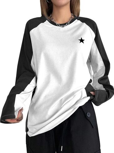 Avanova Women Star Graphic Raglan Long Sleeve Tee Shirt Color Block Loose Top in Saudi Arabia