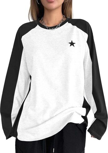 Avanova Women Star Graphic Raglan Long Sleeve Tee Shirt Color Block Loose Top in Saudi Arabia