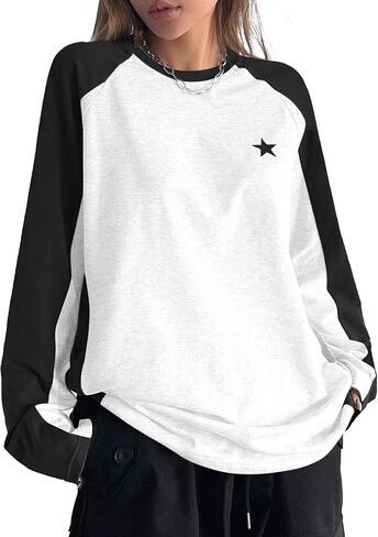 Avanova Women Star Graphic Raglan Long Sleeve Tee Shirt Color Block Loose Top in Saudi Arabia